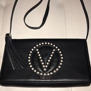 Pearl Studded Black Leather Valentino Shoulder Bag